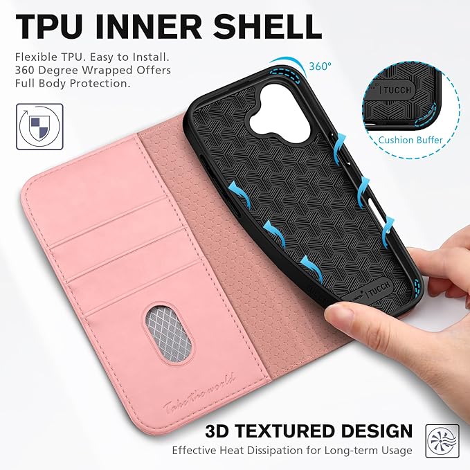 TUCCH Case Wallet for iPhone 17 (6.3") 2025, RFID Blocking 3 Card Holders | Kickstand | PU Leather | Protective Flip Folio Cover | TPU Shockproof Interior Shell | Pink