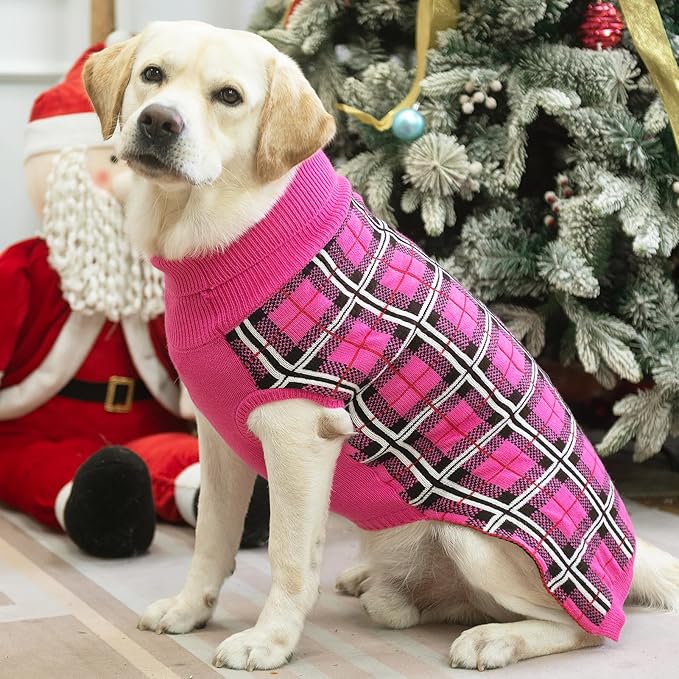 PUPTECK Dog Sweaters for Large Medium Small Dogs - Fall Classic Plaid Style Puppy Holiday Winter Coat Clothes Warm, Fuschia, M