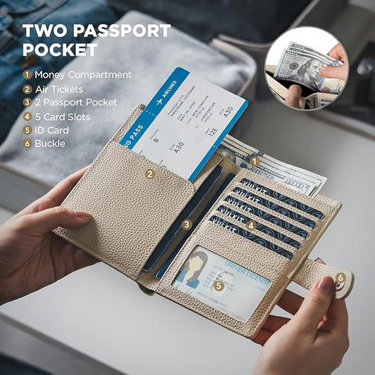 VULKIT Leather Passport Wallet for 2 Passports Slim Double Passport Holder RFID Blocking Passport Travel Wallet with ID Window for Women