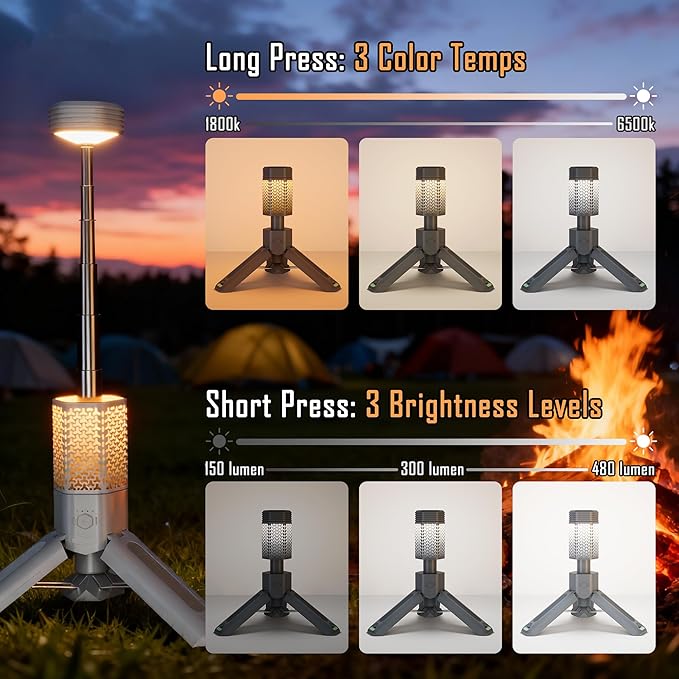 Telescopic Camping Light with Stand, 10500mAh Rechargeable Camping Lantern,Dimmable Portable Flashlight with Storage Bag,Magnetic Waterproof Work Light for Hiking Fishing Emergency Garage Outdoor Work