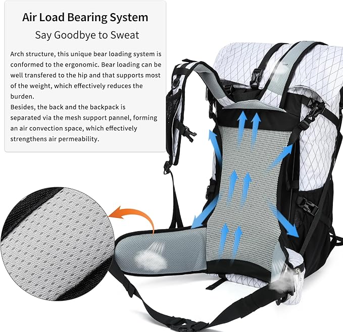 Hiking Backpack,40L Extra Large Capacity Hiking Bag,Internal Frame Camping Backpack,Upgraded X-PAC Lightweight Sport Daypack Travel Backpacks Fit For Mountain Climbing Camping (White)