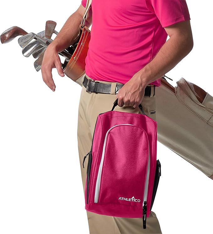 Athletico Golf Shoe Bag - Zippered Shoe Carrier Bags With Ventilation & Outside Pocket for Socks, Tees, etc. (Pink)