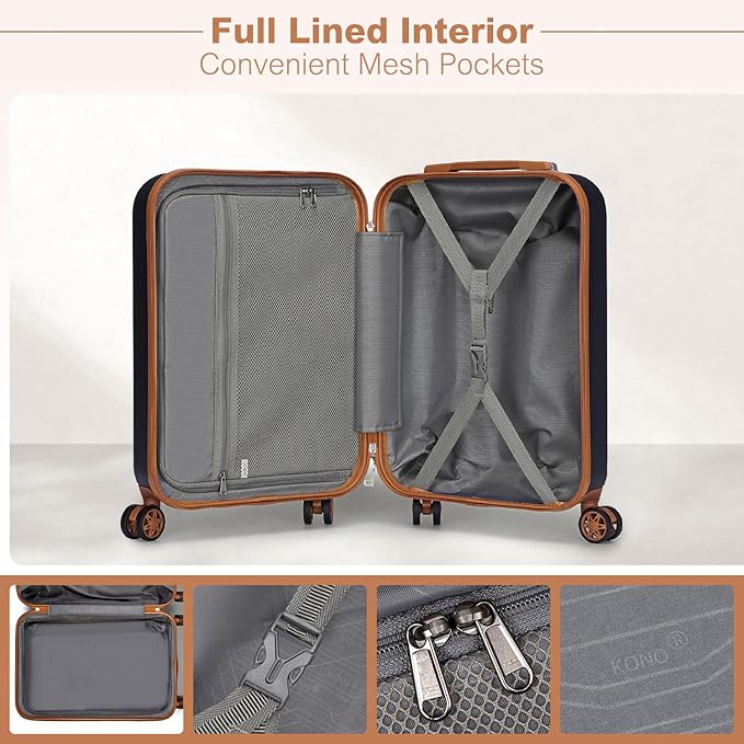 Kono Carry On Luggage 22x14x9 Airline Approved Lightweight Hardside Suitcase with Spinner Wheels & Built-in TSA Lock (Navy, 20 Inch)