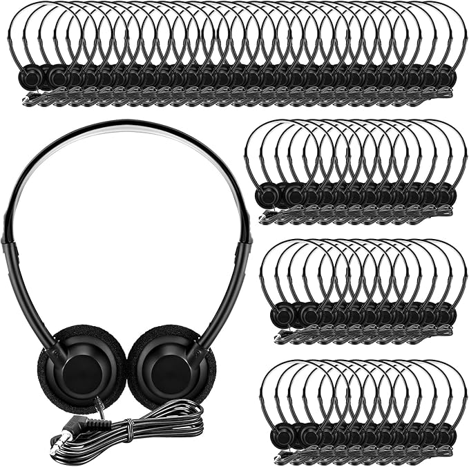 Flutesan 60 Pieces Classroom School Headphones Bulk on Ear Headphone with 3.5mm Headphone Plug in Adjustable Disposable for Kids Adults Student Noise Stereo Sound Library No Microphone