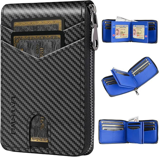 Men’s RFID Blocking Zipper Wallet with 2 ID Windows - Large Capacity Design, 13 Credit Card Slots