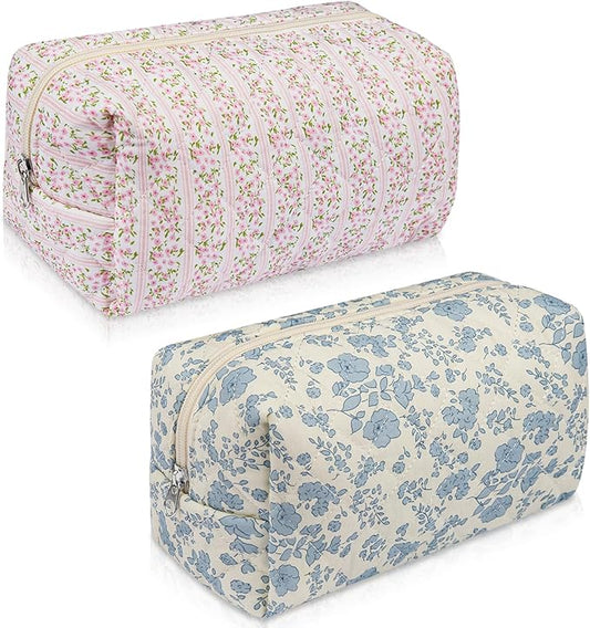 2 Pack Floral Makeup Bag, Cute Cosmetic Bag for Women Girls, Quilted Cotton Make up Pouch, Travel Makeup Bags, Portable Storage Toiletry Organizer Bag(Pink+Blue Floral)