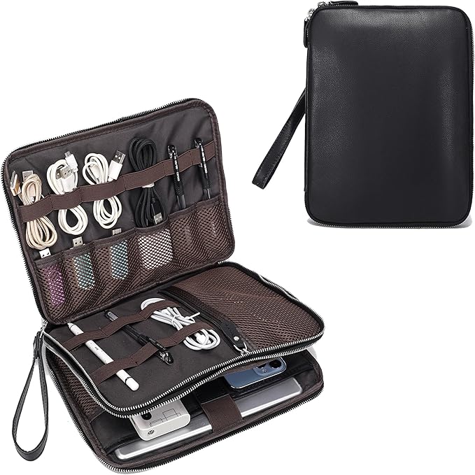 LANNSYNE Full Grain Leather Travel Cable Accessories Bag, Electronic Organizer Carry Case Double Layer Storage Case for Cables, Charger, Phone, Power Bank