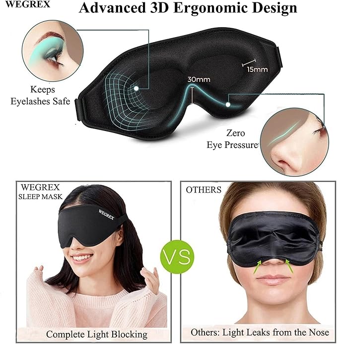 Sleep Mask, 3D Sleeping Mask, Zero Eye Pressure, 100% Light Blocking Eye Mask, Soft Comfortable for Travel & Side Sleepers, WEGREX Sleep Mask (Black)