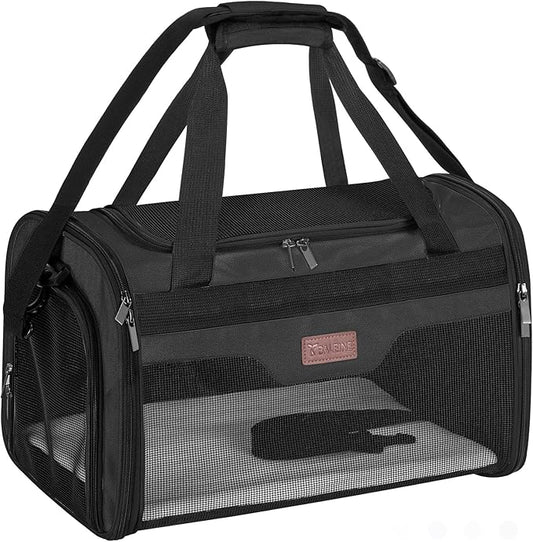 BALEINE Cat Carrier, Puppy Dog Carrier for Small Medium Pets Up to 15 Lbs, Soft-Sided Dog Travel Bag with Safety Zippers, Collapsible Pet Carrying Case (Black, L, 17"x11"x11")