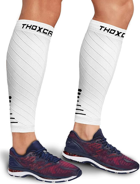 Thoxcare Calf Compression Sleeve for Men Women (1 Pair), Leg Support Footless Compression Socks for Running - Shin Splint Varicose Veins Swelling & Pain Relief, White/Black, Medium