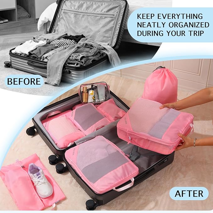 Lightweight Compression Packing Cubes for Suitcases, Compressible Expandable Travel Packing Organizer with Clear Toiletries and Backpack Bag, Travel Essentials for Carry on Luggage 7 Set