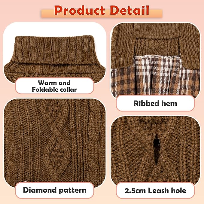 YUDODO Small Dog Sweater Dress with Bowtie Turtleneck - Knitted Pet Girl Dog Winter Clothes - Pet Warm Sweater for Puppy Yorkies, Chihuahua (M Brown)