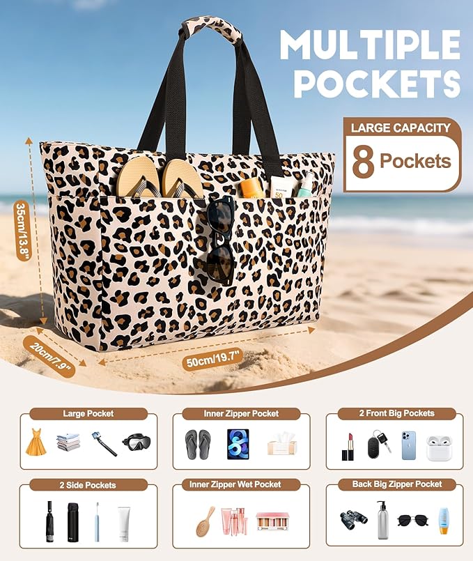 Extra Large Beach Bag Waterproof Beach Totes Bags for Women, Lightweight Foldable Pool Bag with Zipper Wet Compartment