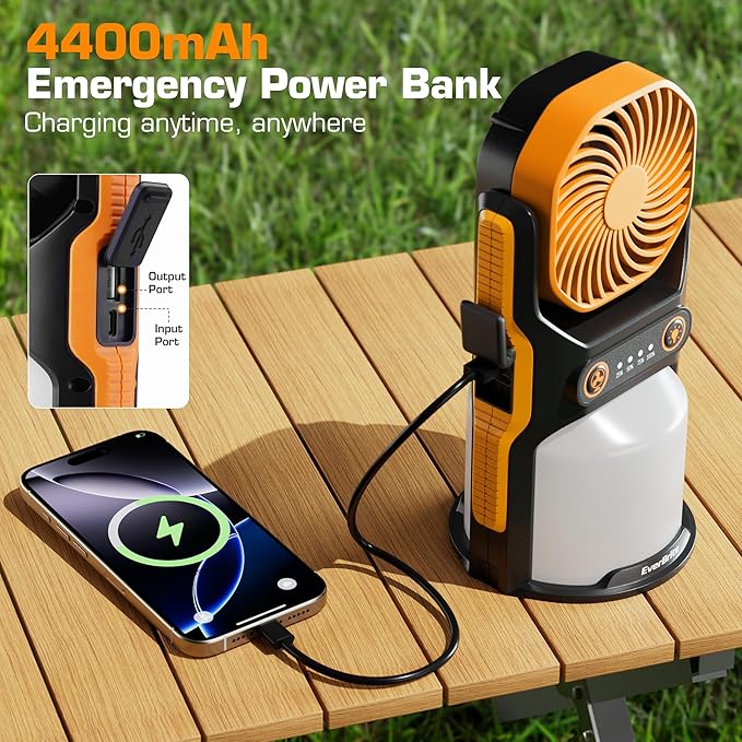 EVERBRITE Rechargeable Camping Lantern with Fan- 4400mAh Power Bank, Camping Fan with 3 Fan Speeds, Portable 1000LM Handheld Light with Hanging Hook for Summer Camping, Hiking, USB Cable Included