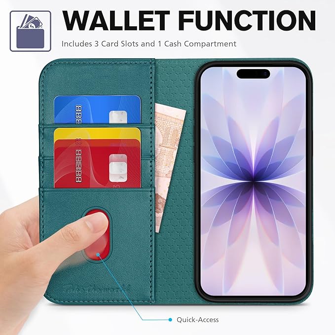 TUCCH Case Wallet for iPhone 17 (6.3-Inch) 2025, [3 Card Slots] Kickstand [RFID Blocking] PU Leather Case, Flip Folio Cover with [TPU Shockproof Interior Shell], Teal Green