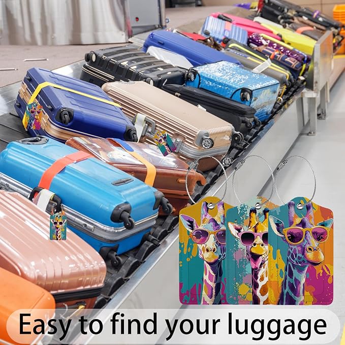 Funny Giraffe 3 Pack Luggage Tags, PU Leather Luggage Tags for Suitcase,Name ID Labels with Privacy Cover Suitcases and Metal Loop for Travel Bag Suitcase