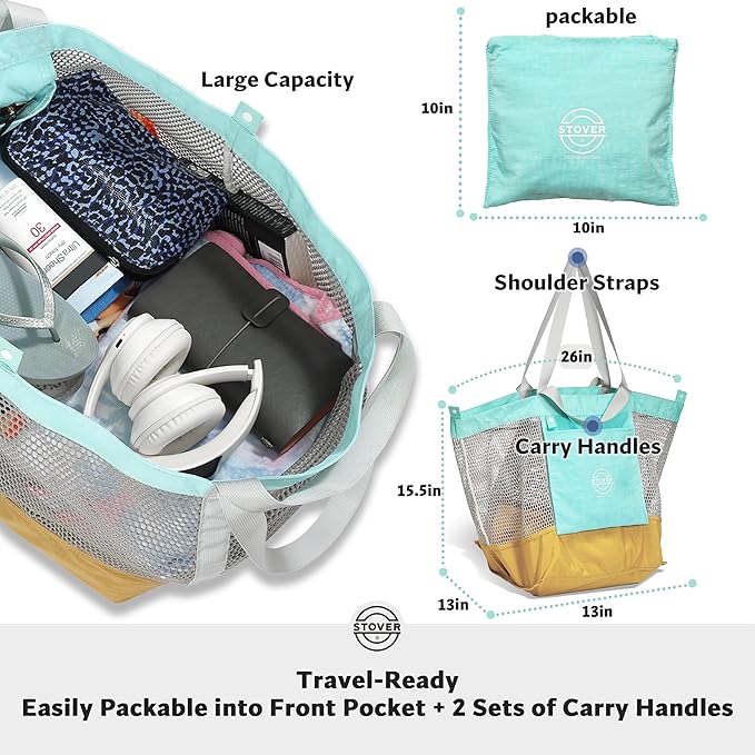 STOVER Large Mesh Beach Bag, Vacation, Pool, Shopping, & Travel Tote - Foldable w/Storage Pockets for Women, Men & Families