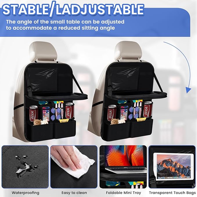 2-Pack Car Backseat Organizer with Table Tray 9 Storage Pockets Backseat Car Organizer and storage with Tablet Holder, Kick Mats Back Seat Cover for Kids family Road Trip Essentials Travel