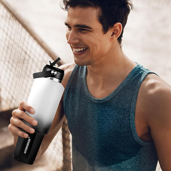 HYDROWION 40 oz Insulated Water Bottle, Car Water Bottle Holder - Double Wall Vacuum Insulated Travel Bottle with Straw Lid, Spout Lid and Flex Cap - Cold for 24H, Hot for 12H, Blue - Panda