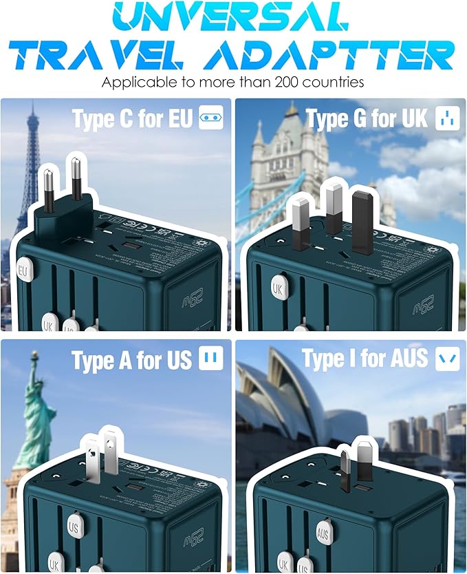 Universal Travel Adapter with 6.0A 3X 3.0A USB-C Ports, 2X 2.4A USB-A Ports & 2500W AC Outlets, International Power Plug Adapter Worldwide Travel Charger for EU UK AUS USA (Type C/G/I/A Plug)