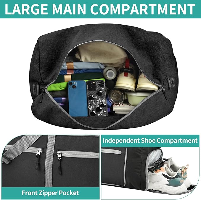 Dimayar 85L Travel Duffle Bag for Men Women - Foldable Duffel Bag with Shoes Compartment - Overnight Bags Waterproof & Tear Resistant(Black)