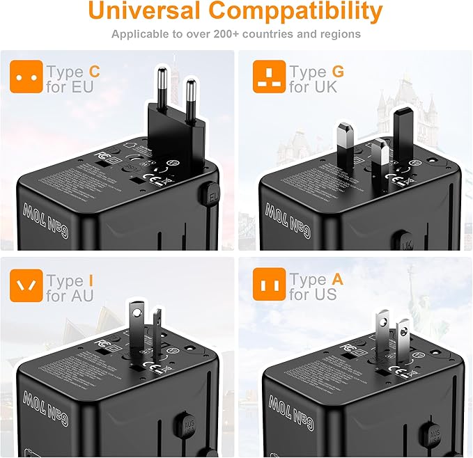 Universal Travel Adapter, VYLEE 70W International Plug Adapter with PD Fast Charging, 5-Port (1 AC/1 USB-A/3 USB-C), Wall Charger Worldwide Travel Essentials Plug for USA EU UK AUS Japan (Black)