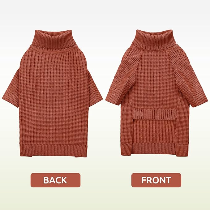 Queenmore Small Dog Sweater, Long Sleeve KnitSweater with Check Pattern, Warm Plaid Doggie Sweaters for Small Medium Dogs, Solid Pull-on Cat Knitwear, Saddle Brown S