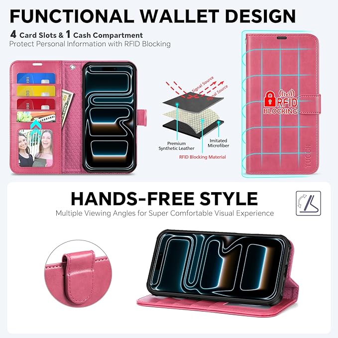 TUCCH 2-in-1 Removable Wallet Case for iPhone 17 Pro Max (6.9-inch) 2025, Wireless Charging | RFID Blocking 4 Card Slots | Wrist Strap | Kickstand | Magnetic | PU Leather | Protective Cover | Hot Pink