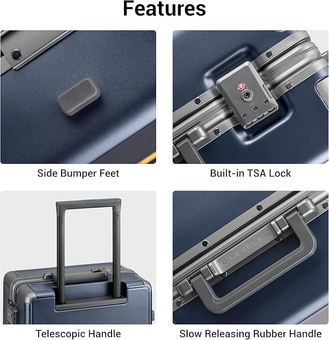 LEVEL8 Carry On Luggage Airline Approved Zipperless with Aluminum Frame, Hard Case Luggage with Spinner Wheels, Metal Travel Suitcase with Packing Organizers, 20 Inch, Blue