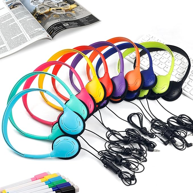 Classroom Headphones Bulk 50 Pack for School,Wholesale Earphones Class Set of Headphones for Students Testing On Line Learning Adult 3.5mm Jack (10 Multi Color)