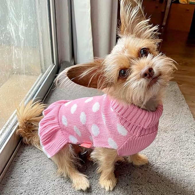 KYEESE Valentines Dog Sweater Dress, Warm Dog Sweaters for Small Dogs Girl Dogs Clothes, Pullover Cozy Knit Pet Apparel with Leash Hole, Pink Dot, M