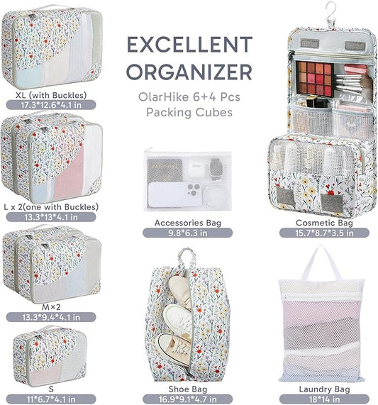 ALL INCLUDED 10 Set Durable Packing Cubes for Suitcases,OlarHike Essentials for Travel,UPGRADED Anti-Tear Stitching, NEW Improved Luggage Packing Organizers for Travel Accessories (Flower)