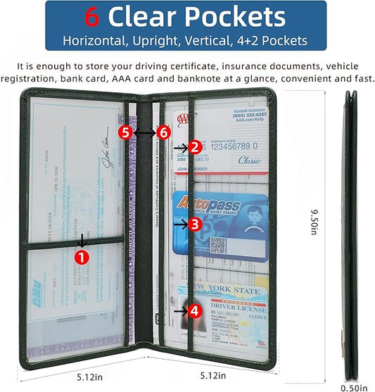 Car Registration and Insurance Holder Glove Box Folder-Premium Car Folder, Car Document Holder for Cards, Driver License & other Essential Documents (Green)