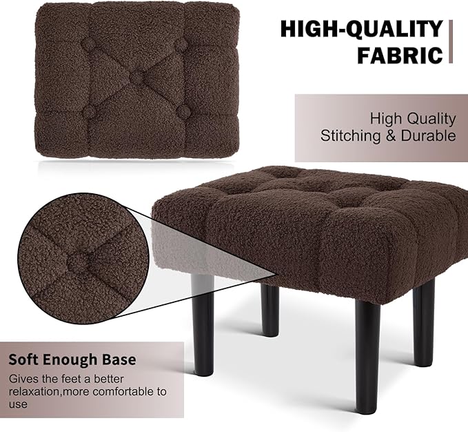 HOUCHICS Fur Padded Foot Stool, Small Ottoman Foot Rest with Wooden Legs,Modern Rectangle Chair Foot Rest Foot Step Stool for Living Room, Couch, Desk(Brown)