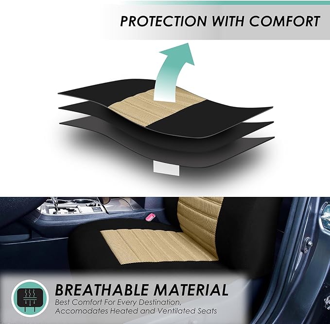 FH Group Automotive Car Seat Covers Rear Set Premium 3D Air Mesh Seat Covers, Airbag Compatible and Split Bench Cover Universal Fit Interior Accessories for Cars Trucks and SUVs - Beige