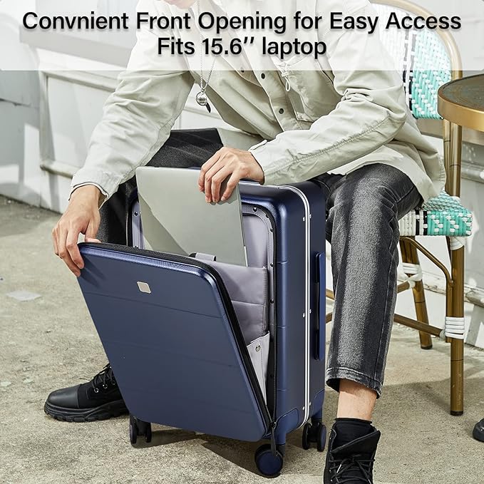 MILADA Carry On Luggage 22x14x9 Airline Approved Spinner Wheels TSA Luggage 20 Inch Hard Shell Suitcases Front Opening Pocket Rolling Aluminum Frame Travel Luggage,Dark Blue