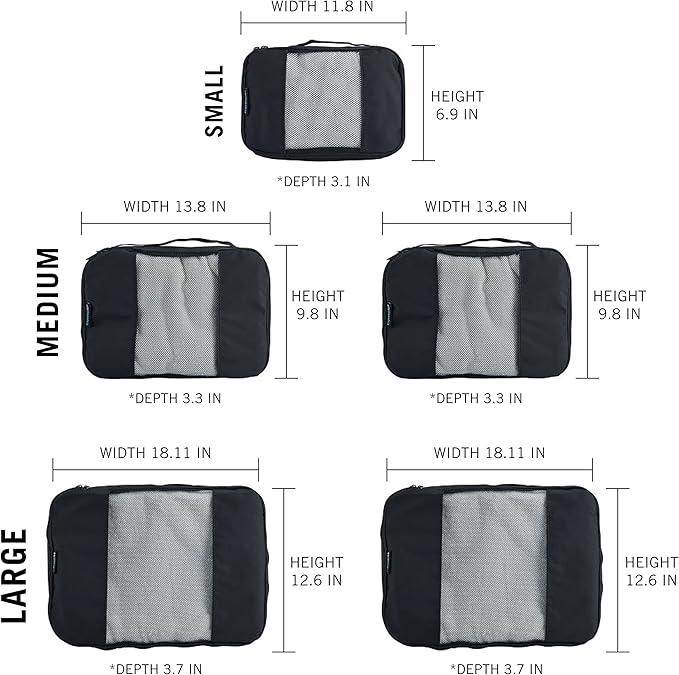 TravelWise Packing Cube System - Durable 5 Piece Weekender Plus Set (Black)