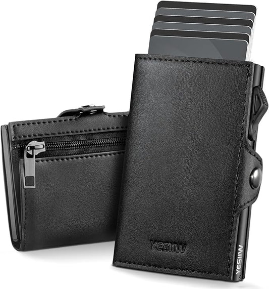 YESIIW Slim Wallet for Men Pop Up Card Holder: Aluminum Case, Premium Leather, Smart, RFID Blocking, Minimalist, Front Pocket - 9-11 Card Capacity | ID Window | Cash Slot (Black)
