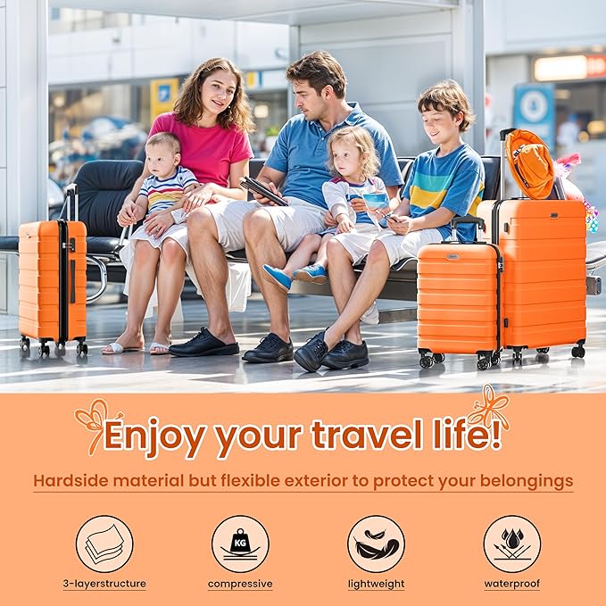 AnyZip Luggage Sets 3 Piece Hardshell Suitcase Set PC ABS Lightweight Travel Suitcases with 4 Double Spinner Wheels TSA Lock 20 24 28 Inch Orange