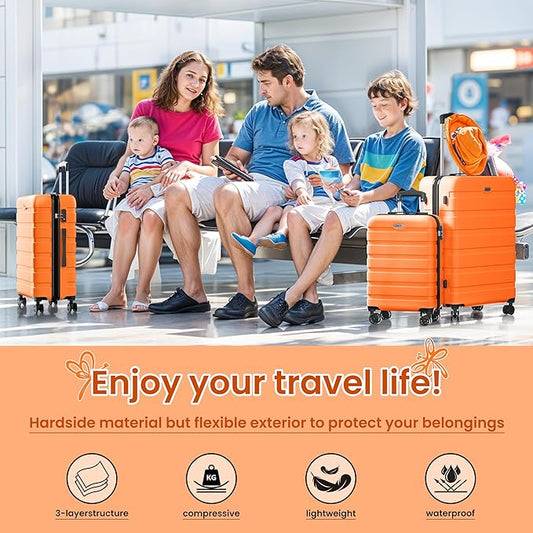 AnyZip Luggage Sets 3 Piece Hardshell Suitcase Set PC ABS Lightweight Travel Suitcases with 4 Double Spinner Wheels TSA Lock 20 24 28 Inch Orange