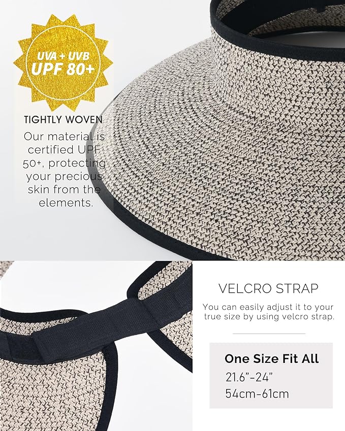 FURTALK Sun Hats for Women Wide Brim Beach Hat Straw Visor Ponytail Summer UV Packable Foldable Beach Vacation Essentials