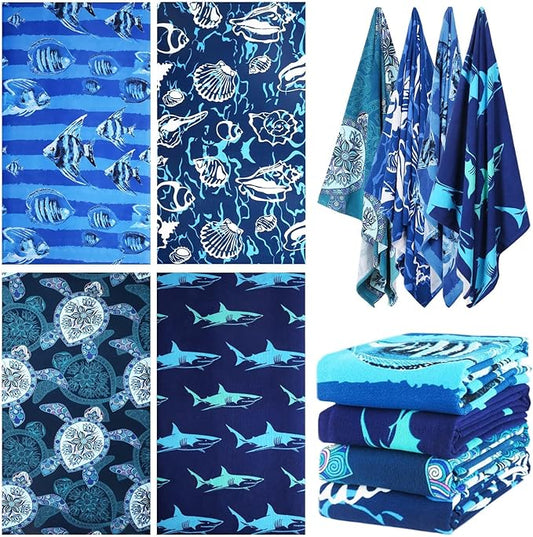 4 Packs Oversized Thin Beach Towel Set, 36 x 72 in XL Extra Large Big Soft Pool Swim Travel Towels Clearance for Adult Women Men Lounge Chair Cover Accessories Essentials Fish Shells Sharks Turtles