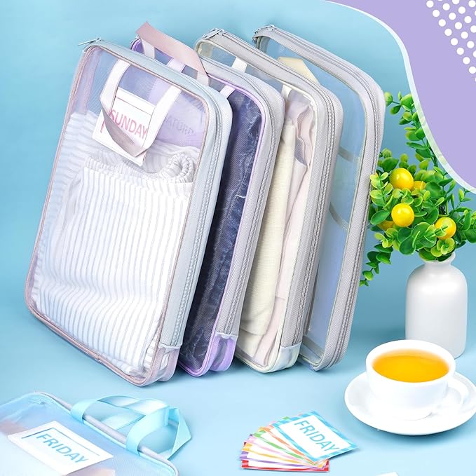 7 Pack Packing Cubes,Suitable for travel on different days of the week, storage bags with sticker labels, suitable for children's travel summer camp essentials, books, small items storage