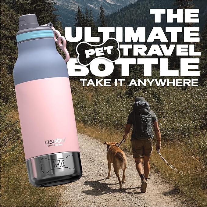 asobu Buddy Bottle a Stainless Steel Insulated Water Bottle for with Removable Dog Water Bowl and Dog Food and Treat Storage Bowl (Pastel Pink, 34 Oz)