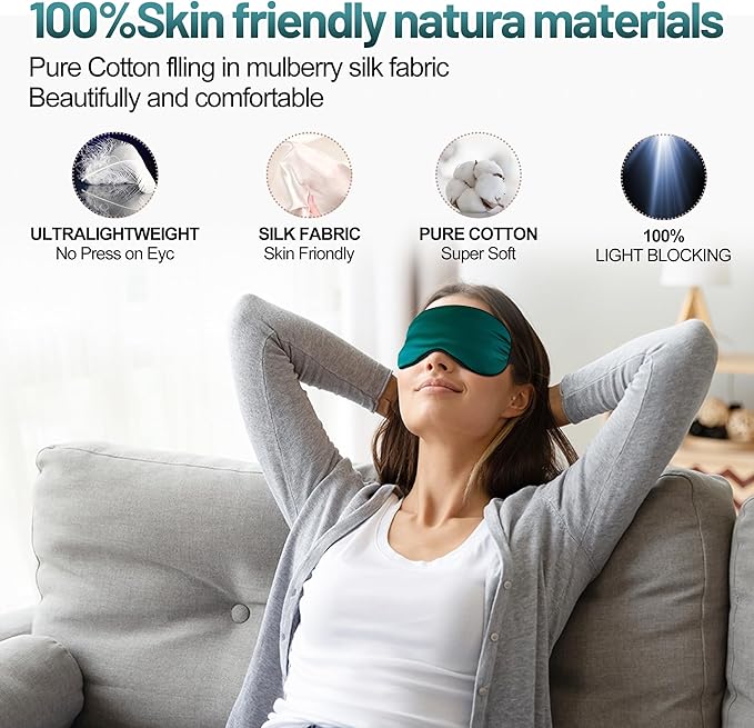 Sleep Mask, Silk Eye Mask for Sleeping with Adjustable Strap, Satin Blackout Sleeping Eye Mask for Men&Women, Comfortable Blindfold Eyeshade for Night Sleep (Dark Green)