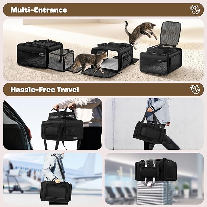 Top and 2 Sides Expandable Large Cat Carrier 18x13.5x9.5, TSA Airline Approved Dog Carriers for Large Dogs, Soft-Sided Pet Carrier with Self-Locking Zippers for Kitten,Rabbit, Puppy, Guinea Pig Black