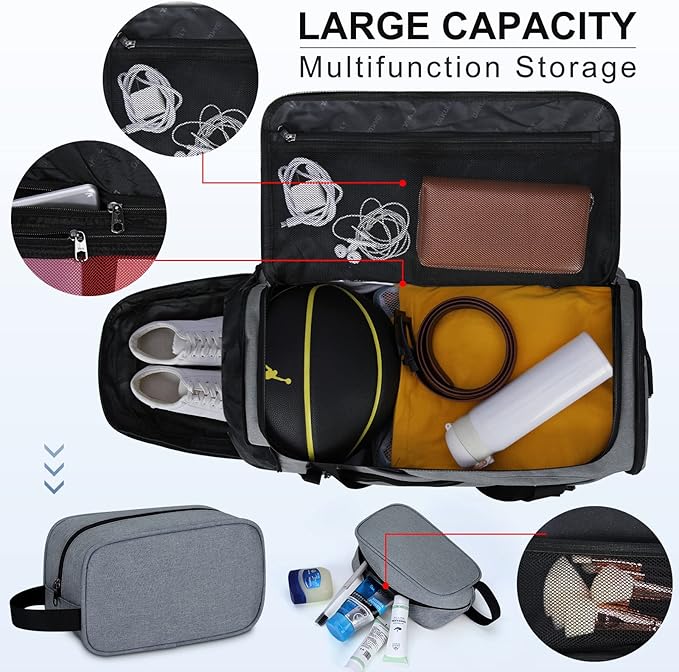 Gym Duffle Bag for Women Men 40L Waterproof Sports Bags Travel Duffel Bags with Shoe Compartment,Wet Pocket Large Weekender Overnight Bag with Toiletry Bag,Grey