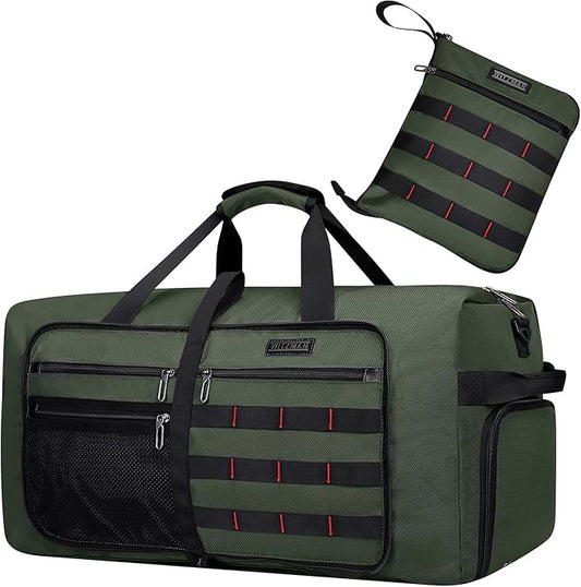 WITZMAN Foldable Duffle Bag for Travel 65L Lightweight Packable Duffel Bag with Shoes Compartment Overnight Bag for Men Women (B697 Army Green）