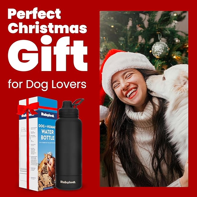 Dog Water Bottle for Dog Lovers - 32 oz Stainless Steel Double Wall Insulated Water Bottle with 8 oz Detachable Bowl on Bottom for Doggy Mom & Dad for Christmas- Black