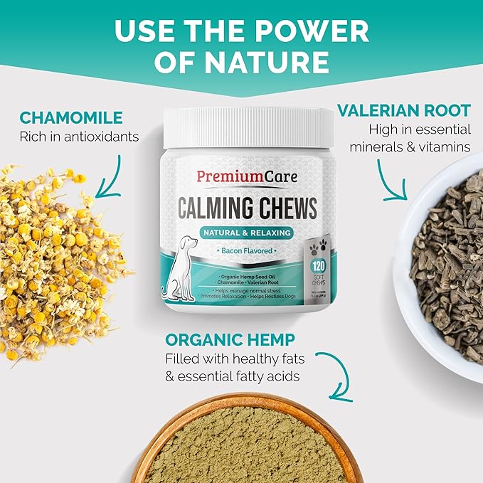 PREMIUM CARE Calming Chews for Dogs, Made in USA - Helps with Dog Anxiety, Separation, Barking, Stress Relief, Thunderstorms and More, 9.3 oz (264g), 120 Count